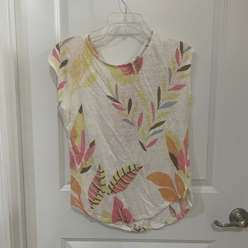 Cynthia Rowley 100% Linen Tropical Leaf Print Top Womens Small White Pink Yellow